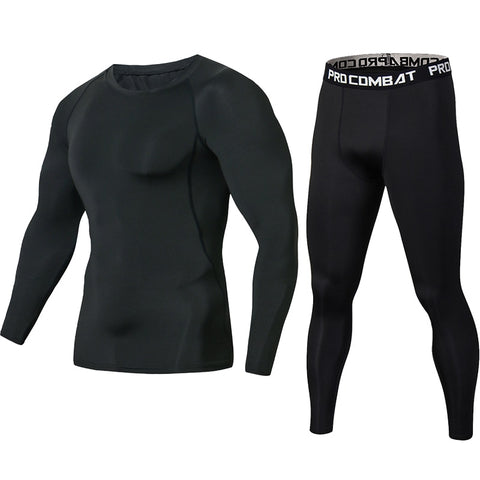 Fitness Men Sets Pure black Compression Shirts + Leggings Base Layer Crossfit Brand Long Sleeve T Shirt Clothing Set